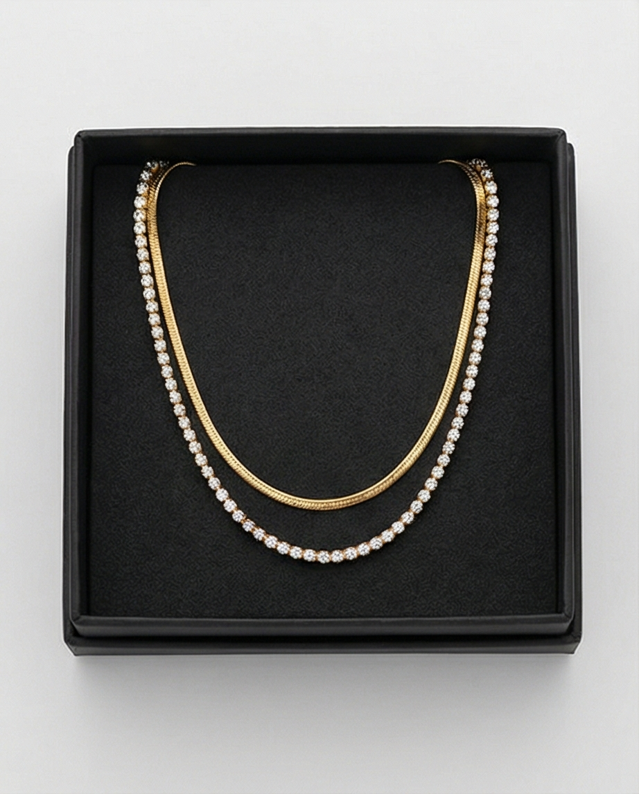 TAŞLI İKİLİ GOLD RENK KOLYE