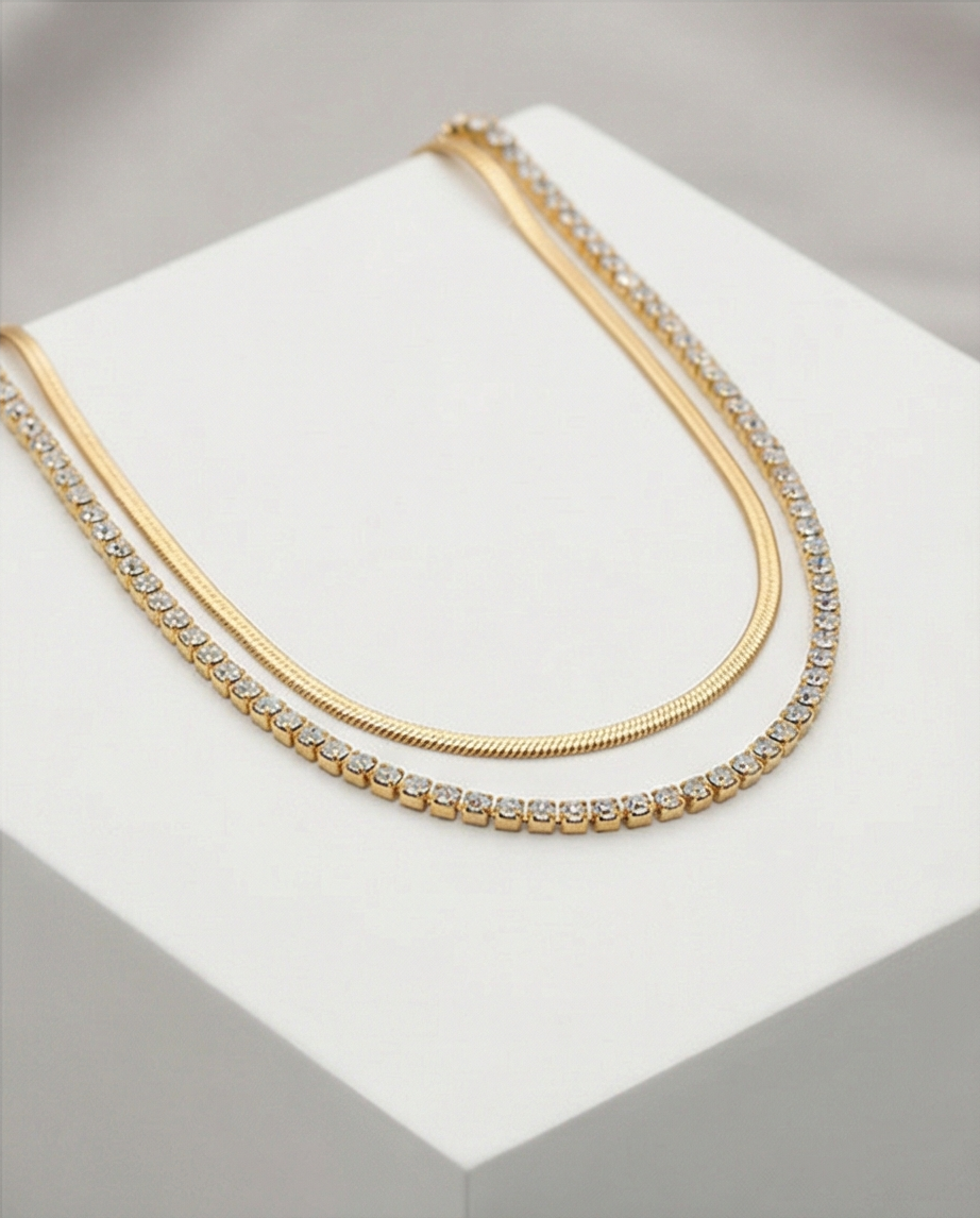 TAŞLI İKİLİ GOLD RENK KOLYE