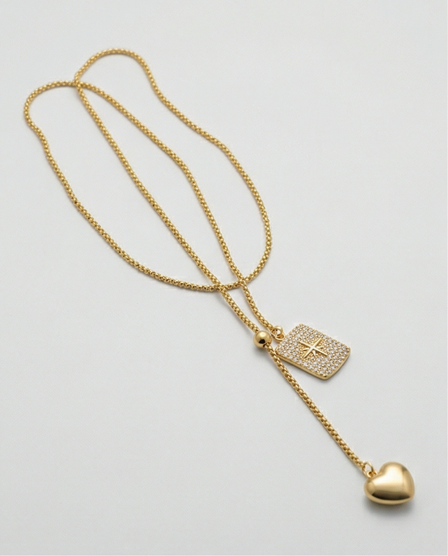 UZUN KALP İKİLİ GOLD RENK KOLYE