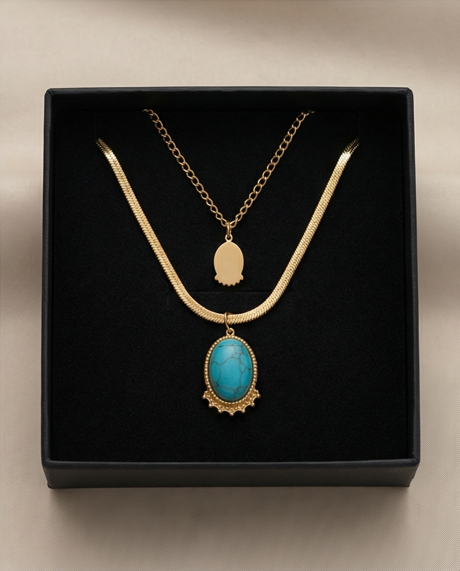 FİRUZE TAŞLI İTALYAN 2'Lİ GOLD RENK KOLYE