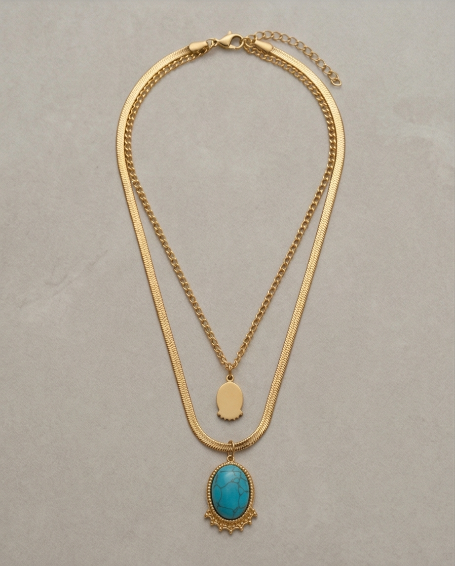 FİRUZE TAŞLI İTALYAN 2'Lİ GOLD RENK KOLYE